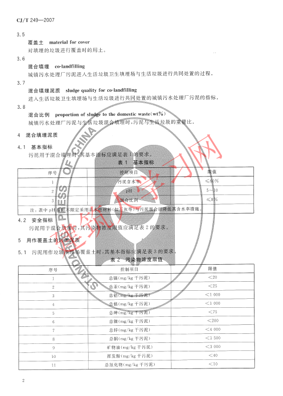 CJT249-2007 城镇污水处理厂污泥处置 混合填埋泥质