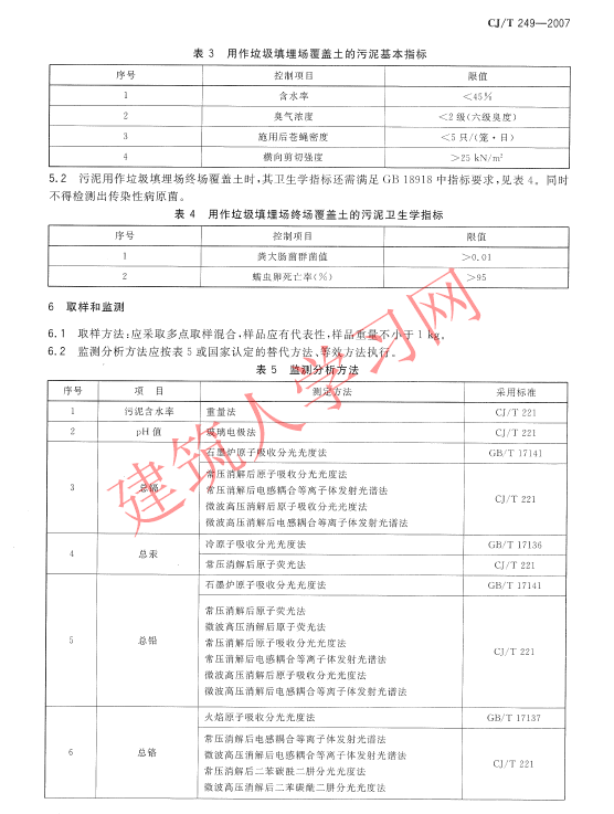 CJT249-2007 城镇污水处理厂污泥处置 混合填埋泥质