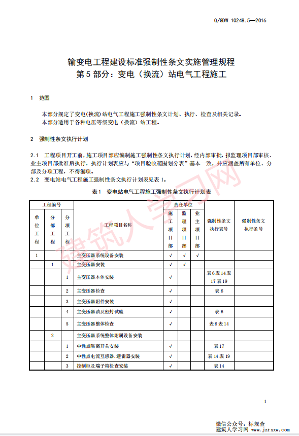 QGDW 10248.5—2016 输变电工程建设标准强制性条文实施管理规程 第5 部分：变电（换流）站电气工程施工